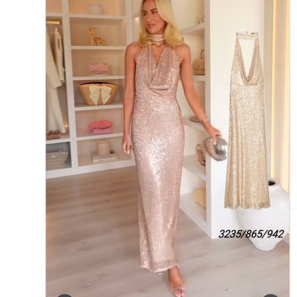 Zara Sequin Halter Maxi Dress NWT Beige Pink Size Medium - Picture 4 of 16